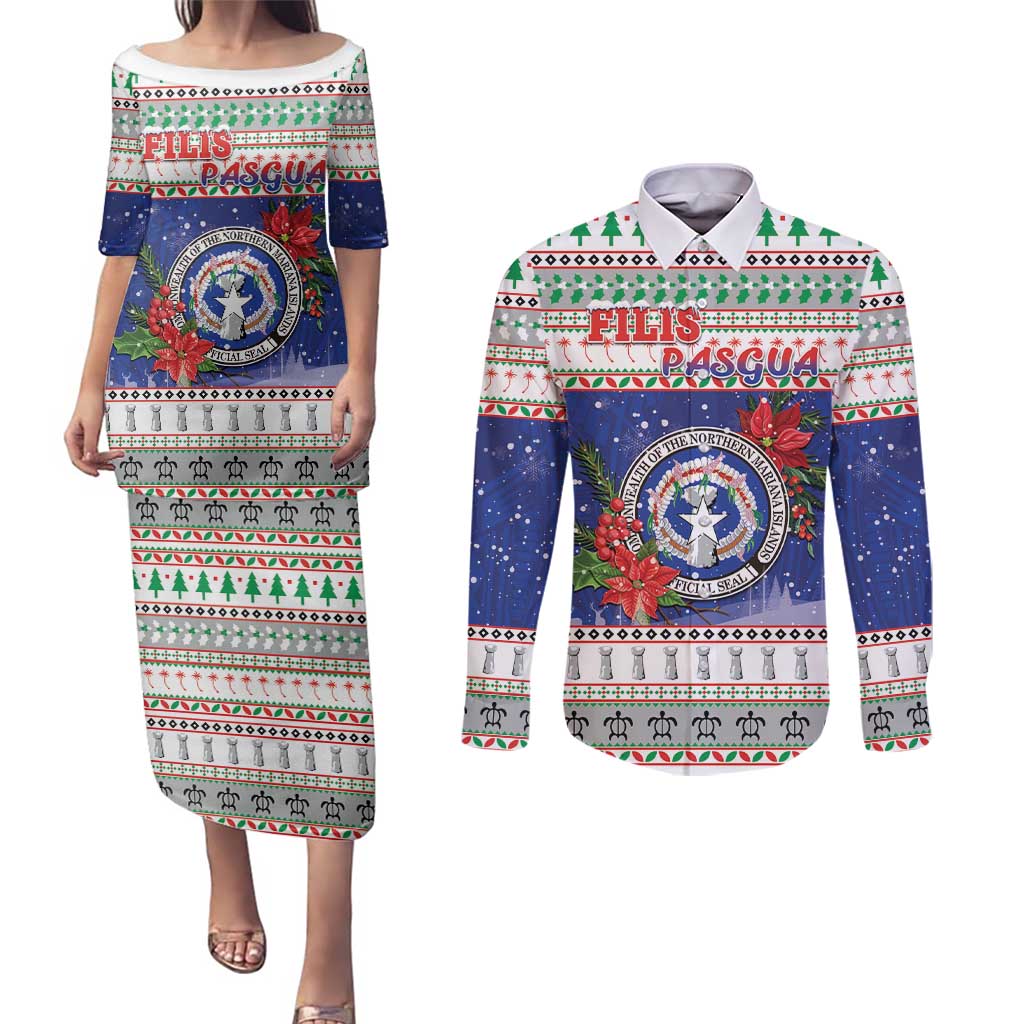 Northern Mariana Islands Christmas Couples Matching Puletasi and Long Sleeve Button Shirt Poinsettia Filis Pasgua LT05 Blue - Polynesian Pride