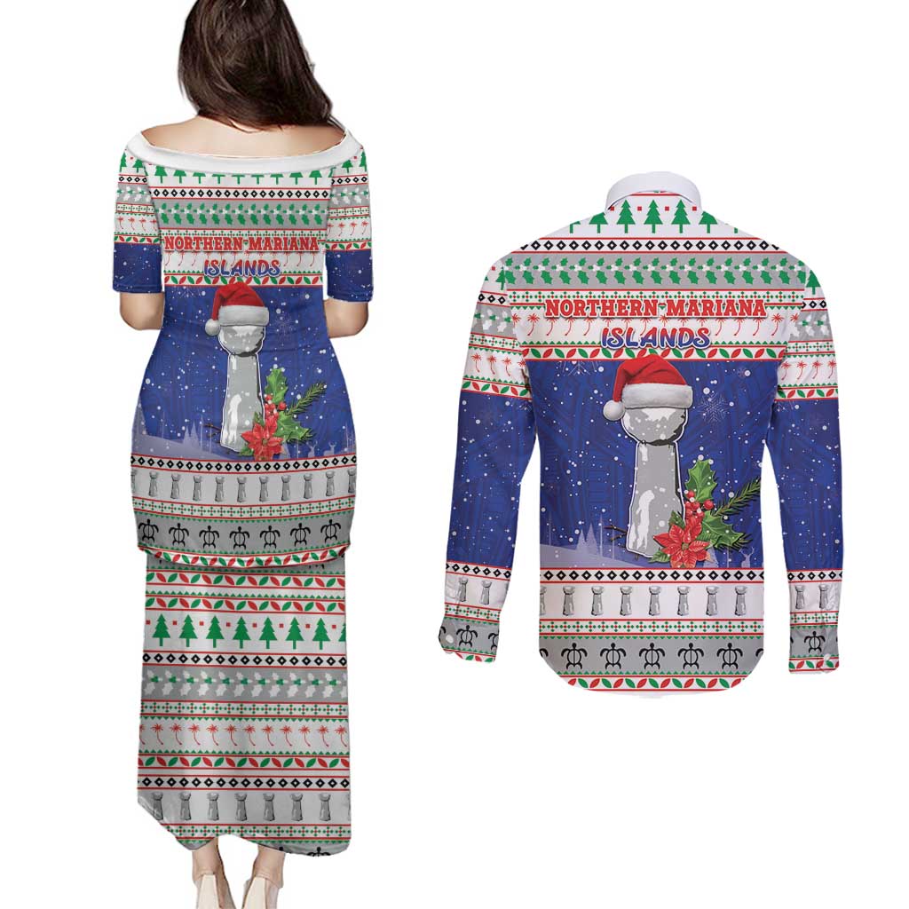 Northern Mariana Islands Christmas Couples Matching Puletasi and Long Sleeve Button Shirt Poinsettia Filis Pasgua LT05 - Polynesian Pride