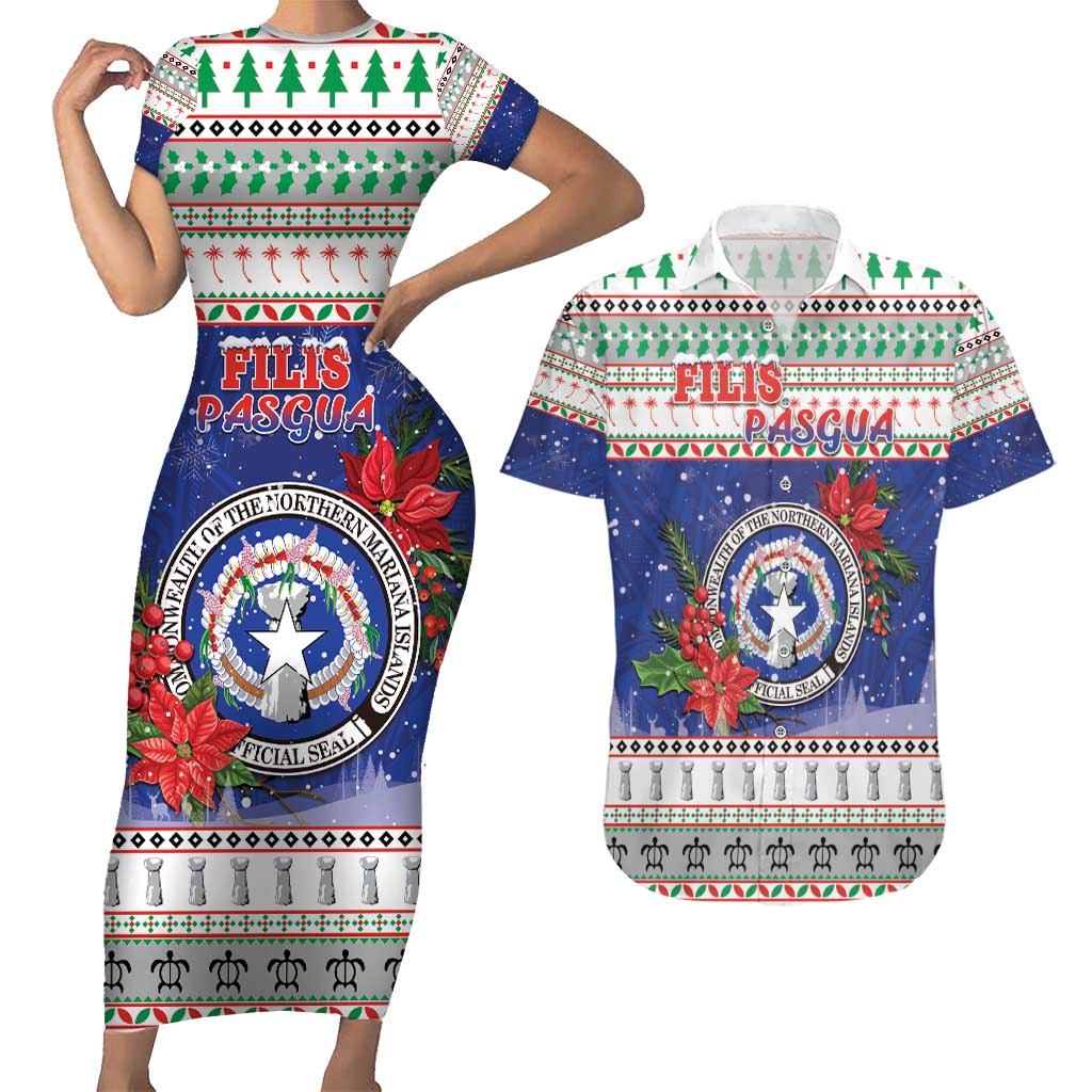 Northern Mariana Islands Christmas Couples Matching Short Sleeve Bodycon Dress and Hawaiian Shirt Poinsettia Filis Pasgua LT05 Blue - Polynesian Pride