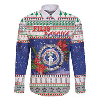 Northern Mariana Islands Christmas Family Matching Long Sleeve Bodycon Dress and Hawaiian Shirt Poinsettia Filis Pasgua LT05 Dad's Shirt - Long Sleeve Blue - Polynesian Pride
