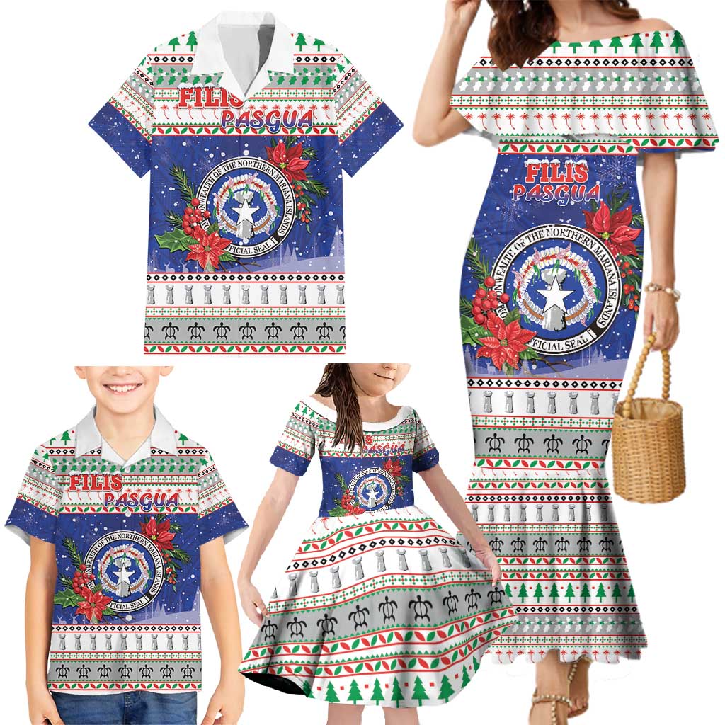 Northern Mariana Islands Christmas Family Matching Mermaid Dress and Hawaiian Shirt Poinsettia Filis Pasgua LT05 - Polynesian Pride