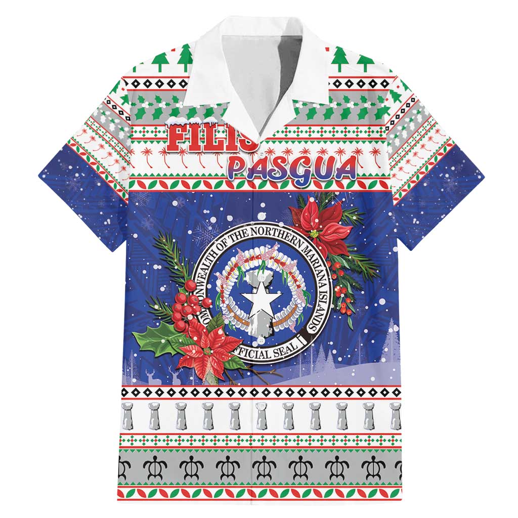 Northern Mariana Islands Christmas Family Matching Mermaid Dress and Hawaiian Shirt Poinsettia Filis Pasgua LT05 Dad's Shirt - Short Sleeve Blue - Polynesian Pride