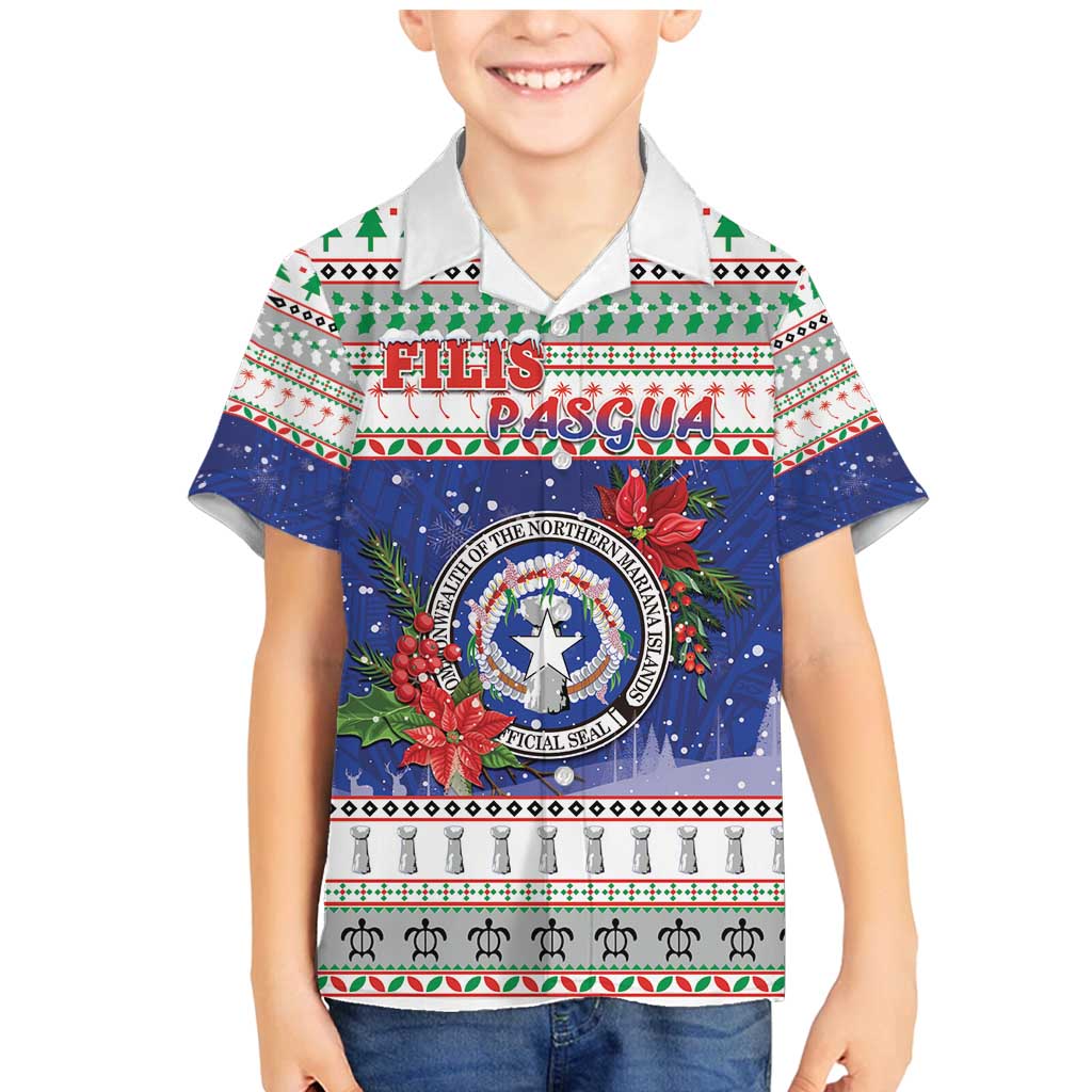 Northern Mariana Islands Christmas Family Matching Mermaid Dress and Hawaiian Shirt Poinsettia Filis Pasgua LT05 Son's Shirt Blue - Polynesian Pride