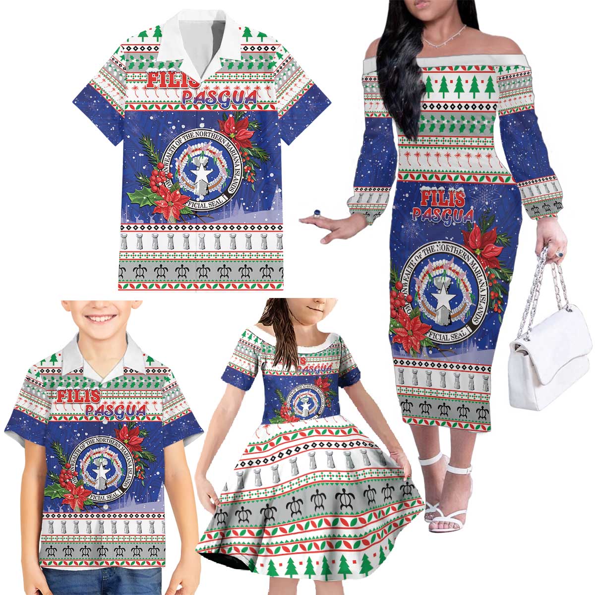 Northern Mariana Islands Christmas Family Matching Off The Shoulder Long Sleeve Dress and Hawaiian Shirt Poinsettia Filis Pasgua LT05 - Polynesian Pride