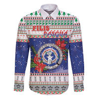 Northern Mariana Islands Christmas Family Matching Off The Shoulder Long Sleeve Dress and Hawaiian Shirt Poinsettia Filis Pasgua LT05 Dad's Shirt - Long Sleeve Blue - Polynesian Pride