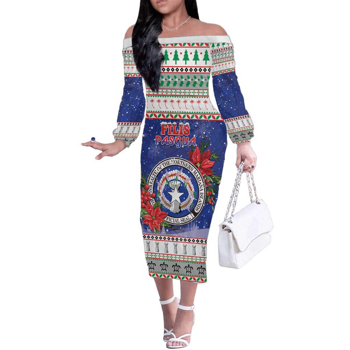 Northern Mariana Islands Christmas Family Matching Off The Shoulder Long Sleeve Dress and Hawaiian Shirt Poinsettia Filis Pasgua LT05 Mom's Dress Blue - Polynesian Pride