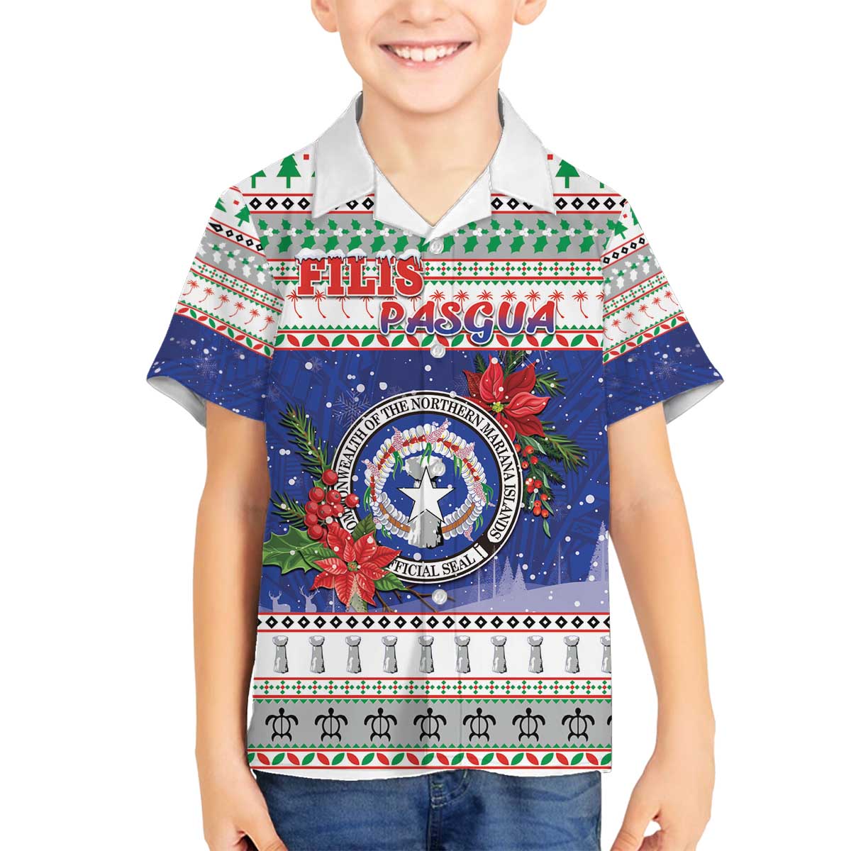 Northern Mariana Islands Christmas Family Matching Off The Shoulder Long Sleeve Dress and Hawaiian Shirt Poinsettia Filis Pasgua LT05 Son's Shirt Blue - Polynesian Pride