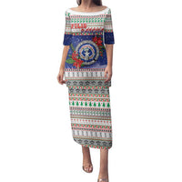 Northern Mariana Islands Christmas Family Matching Puletasi and Hawaiian Shirt Poinsettia Filis Pasgua LT05 Mom's Dress Blue - Polynesian Pride