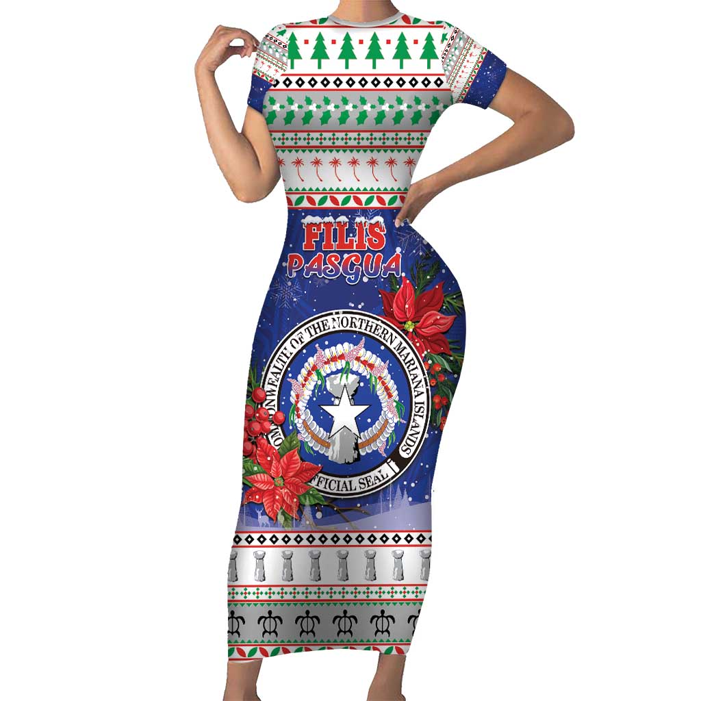 Northern Mariana Islands Christmas Family Matching Short Sleeve Bodycon Dress and Hawaiian Shirt Poinsettia Filis Pasgua LT05 Mom's Dress Blue - Polynesian Pride