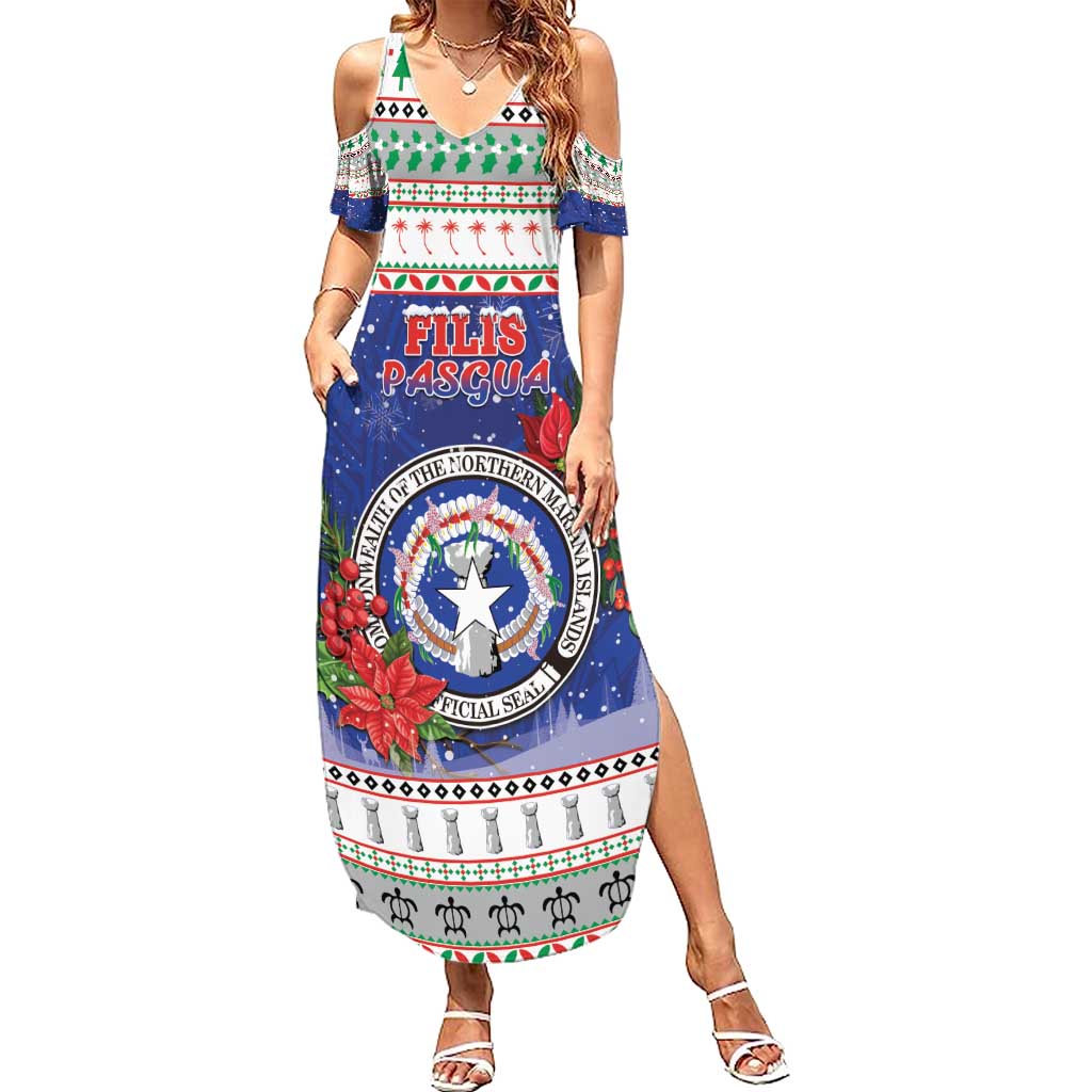 Northern Mariana Islands Christmas Family Matching Summer Maxi Dress and Hawaiian Shirt Poinsettia Filis Pasgua LT05 Mom's Dress Blue - Polynesian Pride