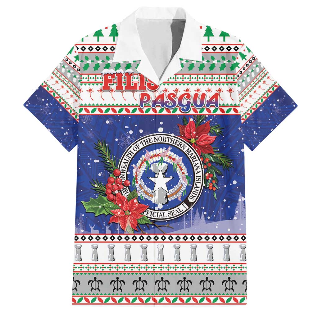 Northern Mariana Islands Christmas Family Matching Tank Maxi Dress and Hawaiian Shirt Poinsettia Filis Pasgua LT05 Dad's Shirt - Short Sleeve Blue - Polynesian Pride