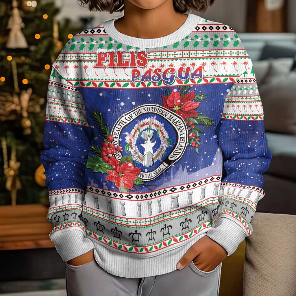 Northern Mariana Islands Christmas Kid Ugly Christmas Sweater Poinsettia Filis Pasgua LT05 - Polynesian Pride