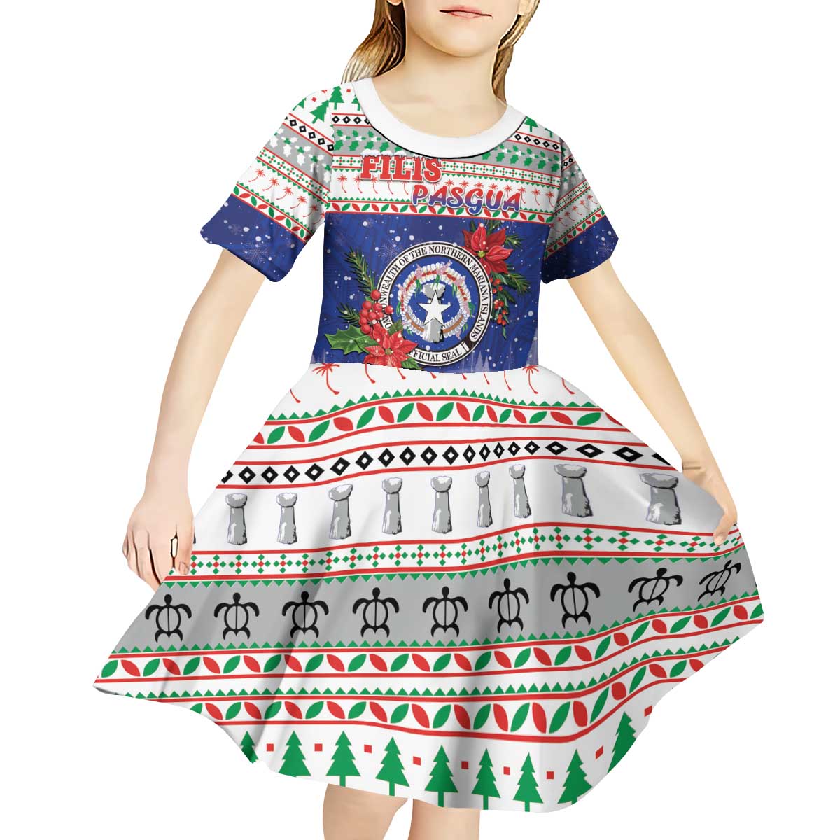 Northern Mariana Islands Christmas Kid Short Sleeve Dress Poinsettia Filis Pasgua LT05 - Polynesian Pride