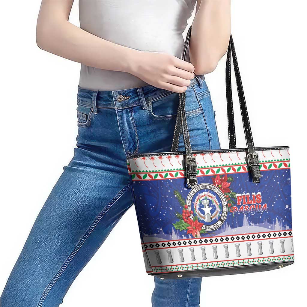 Northern Mariana Islands Christmas Leather Tote Bag Poinsettia Filis Pasgua