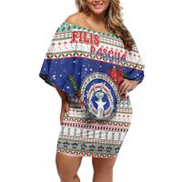 Northern Mariana Islands Christmas Off Shoulder Short Dress Poinsettia Filis Pasgua LT05 Women Blue - Polynesian Pride
