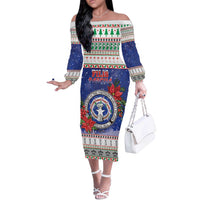 Northern Mariana Islands Christmas Off The Shoulder Long Sleeve Dress Poinsettia Filis Pasgua LT05 Women Blue - Polynesian Pride
