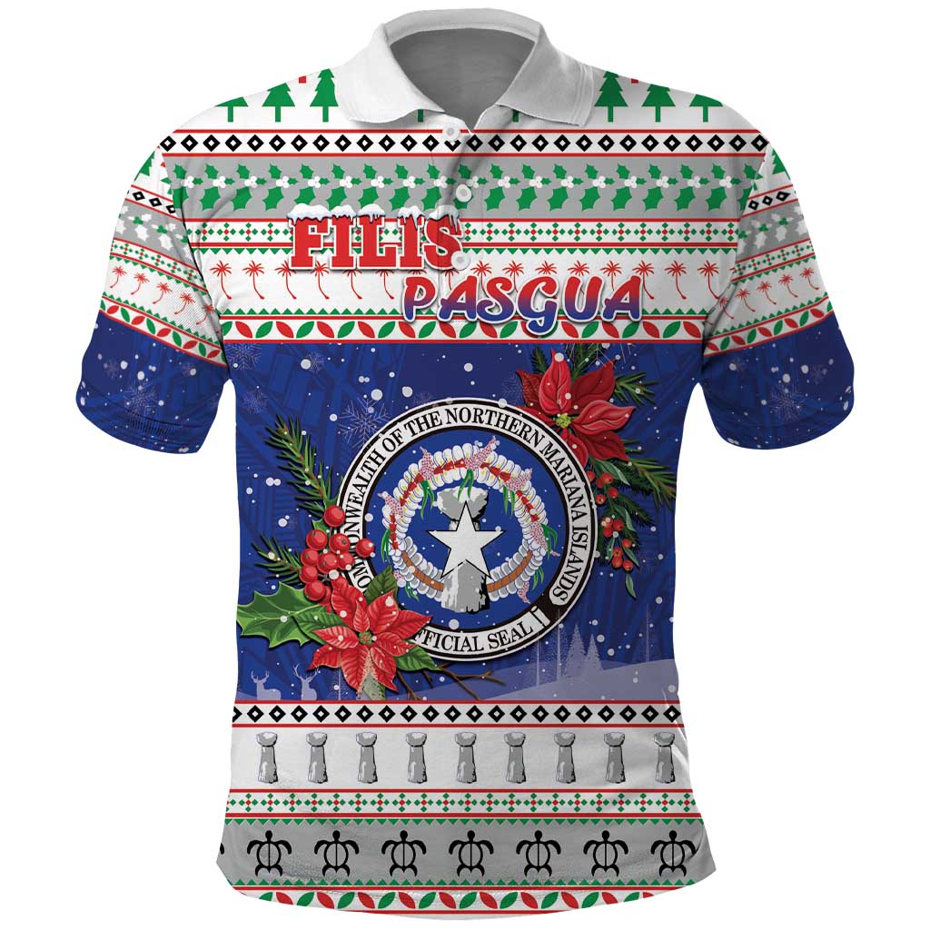 Northern Mariana Islands Christmas Polo Shirt Poinsettia Filis Pasgua LT05 Blue - Polynesian Pride