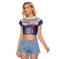 Northern Mariana Islands Christmas Raglan Cropped T Shirt Poinsettia Filis Pasgua LT05 Female Blue - Polynesian Pride
