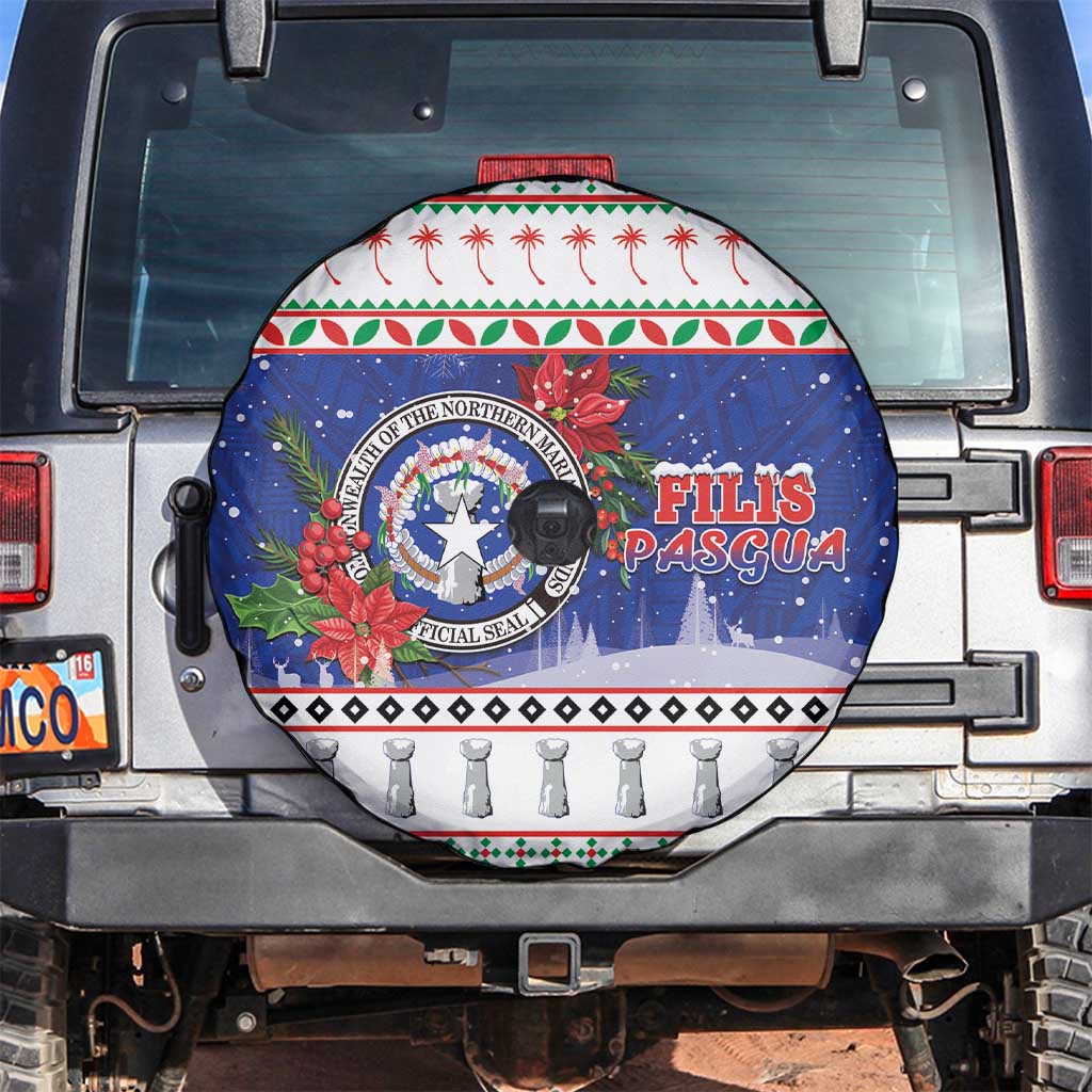 Northern Mariana Islands Christmas Spare Tire Cover Poinsettia Filis Pasgua LT05 Blue - Polynesian Pride