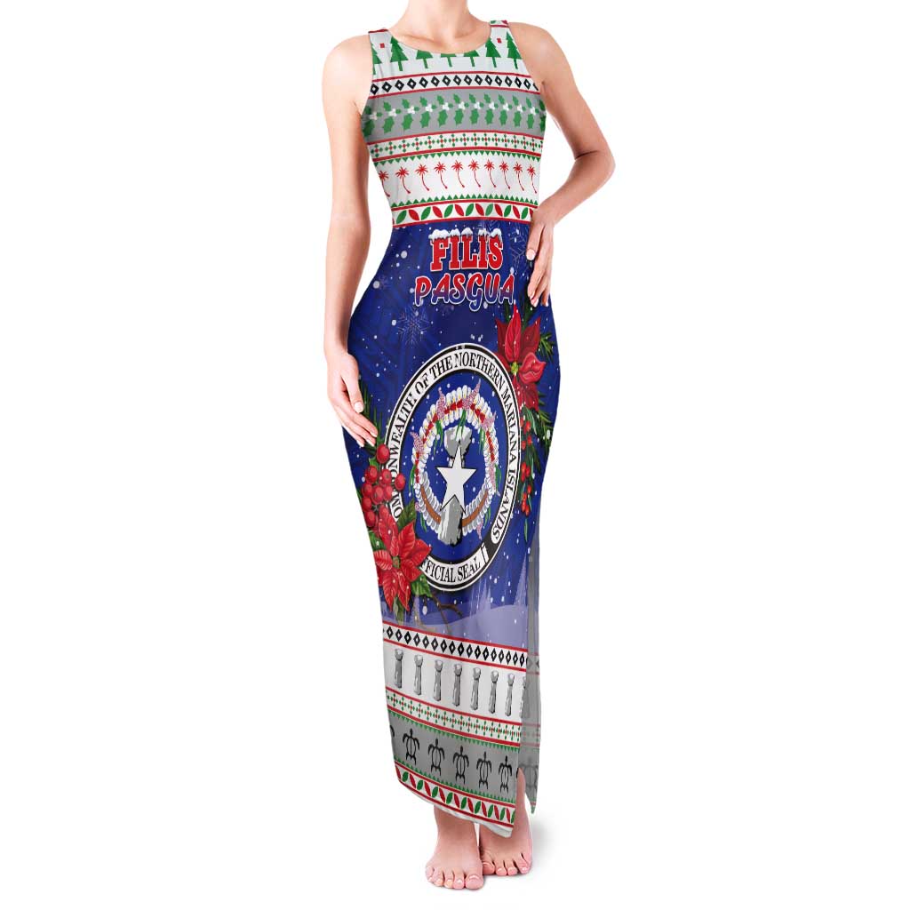 Northern Mariana Islands Christmas Tank Maxi Dress Poinsettia Filis Pasgua LT05 Women Blue - Polynesian Pride