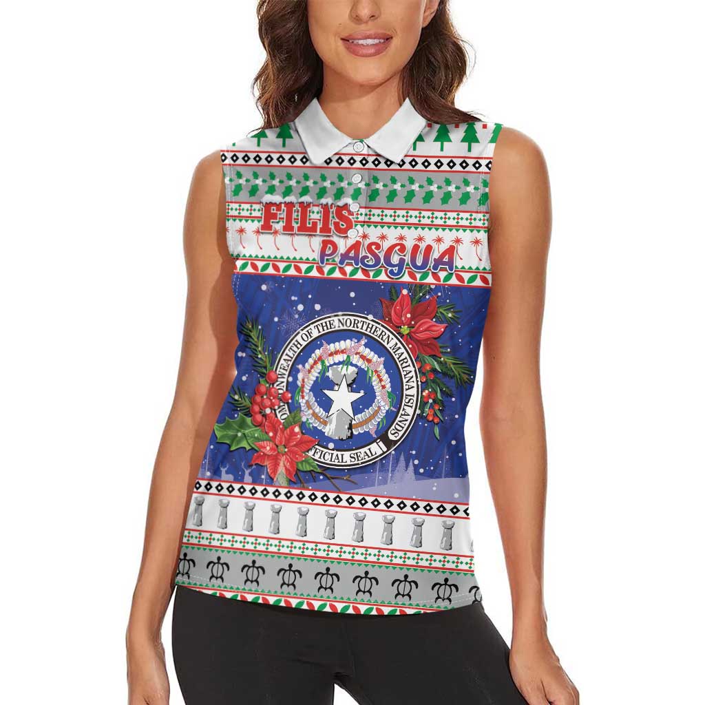 Northern Mariana Islands Christmas Women Sleeveless Polo Shirt Poinsettia Filis Pasgua LT05 - Polynesian Pride