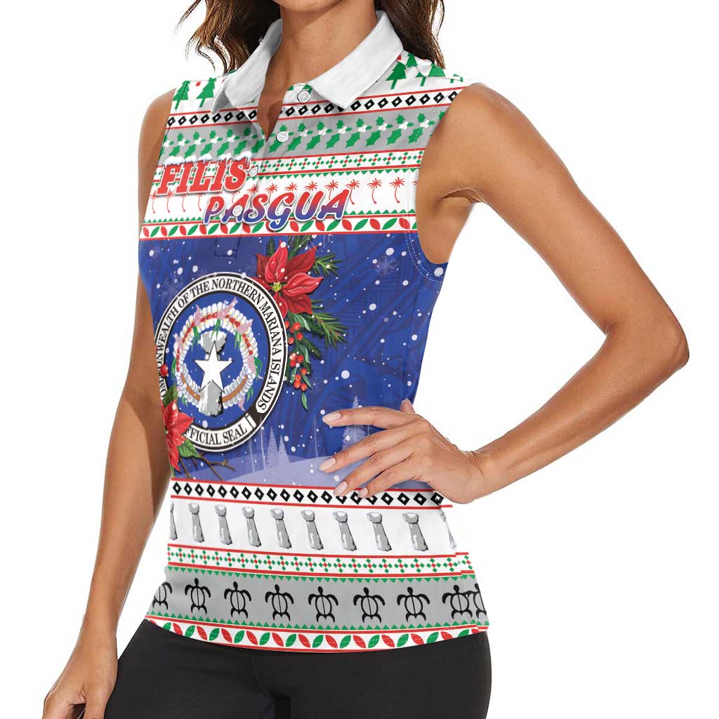 Northern Mariana Islands Christmas Women Sleeveless Polo Shirt Poinsettia Filis Pasgua LT05 - Polynesian Pride
