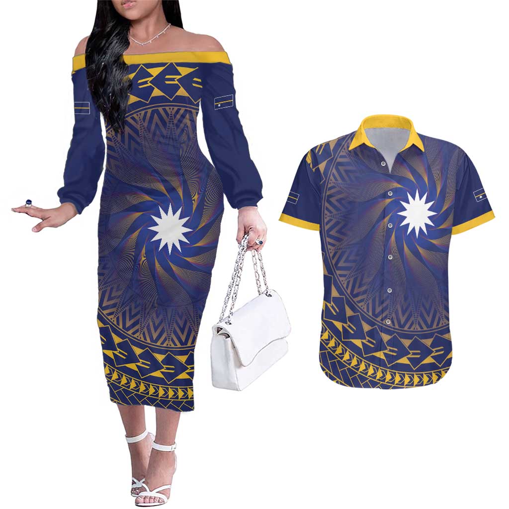 Nauru Angam Day Couples Matching Off The Shoulder Long Sleeve Dress and Hawaiian Shirt Polynesian Tribal Pattern Unique Style LT05 Blue - Polynesian Pride