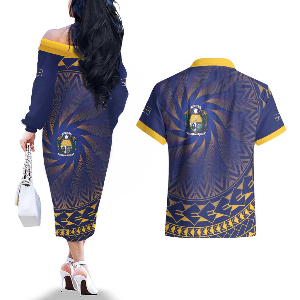 Nauru Angam Day Couples Matching Off The Shoulder Long Sleeve Dress and Hawaiian Shirt Polynesian Tribal Pattern Unique Style LT05 - Polynesian Pride
