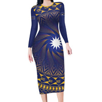 Nauru Angam Day Family Matching Long Sleeve Bodycon Dress and Hawaiian Shirt Polynesian Tribal Pattern Unique Style LT05 Mom's Dress Blue - Polynesian Pride
