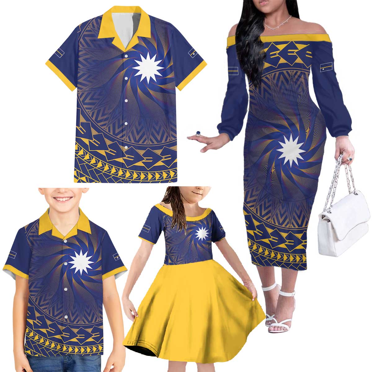 Nauru Angam Day Family Matching Off The Shoulder Long Sleeve Dress and Hawaiian Shirt Polynesian Tribal Pattern Unique Style LT05 - Polynesian Pride