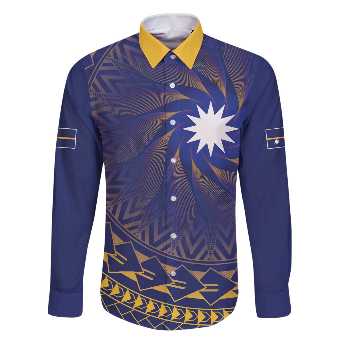 Nauru Angam Day Family Matching Off The Shoulder Long Sleeve Dress and Hawaiian Shirt Polynesian Tribal Pattern Unique Style LT05 Dad's Shirt - Long Sleeve Blue - Polynesian Pride