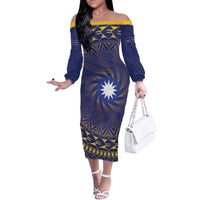 Nauru Angam Day Family Matching Off The Shoulder Long Sleeve Dress and Hawaiian Shirt Polynesian Tribal Pattern Unique Style LT05 Mom's Dress Blue - Polynesian Pride