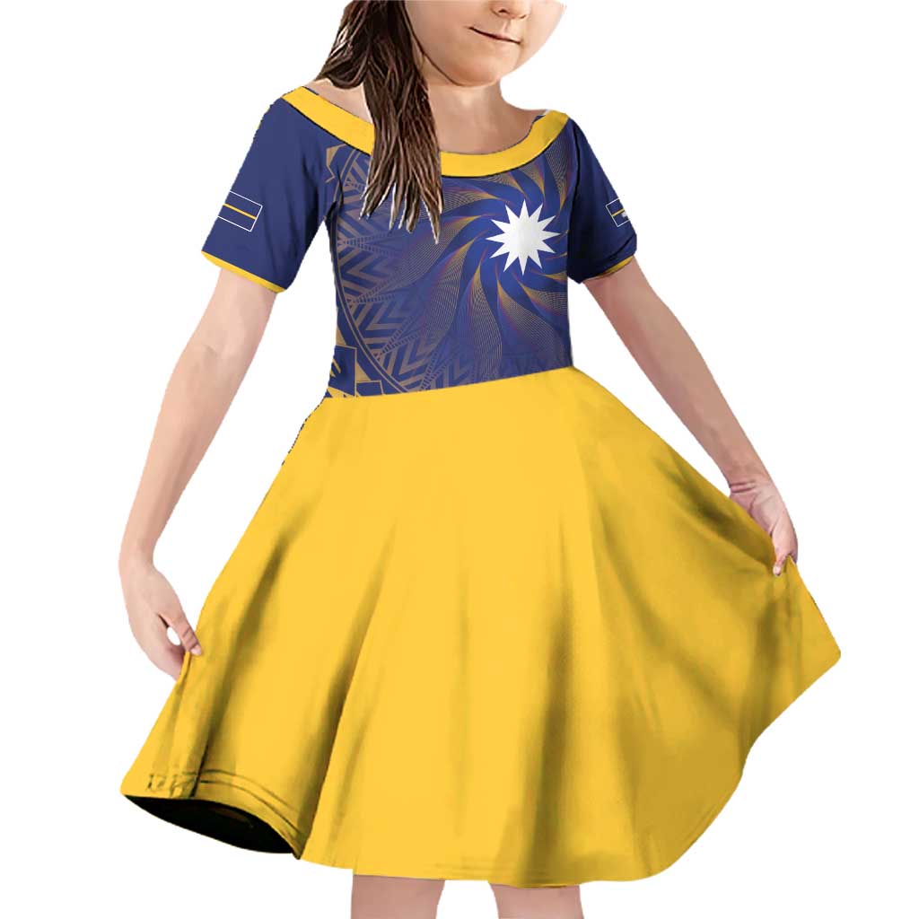 Nauru Angam Day Family Matching Off Shoulder Short Dress and Hawaiian Shirt Polynesian Tribal Pattern Unique Style LT05 Daughter's Dress Blue - Polynesian Pride
