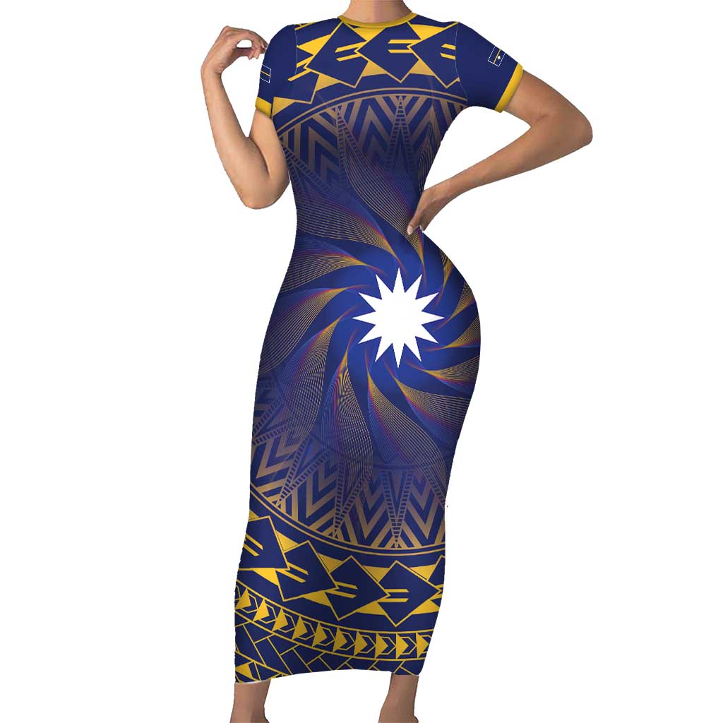 Nauru Angam Day Family Matching Short Sleeve Bodycon Dress and Hawaiian Shirt Polynesian Tribal Pattern Unique Style LT05 Mom's Dress Blue - Polynesian Pride