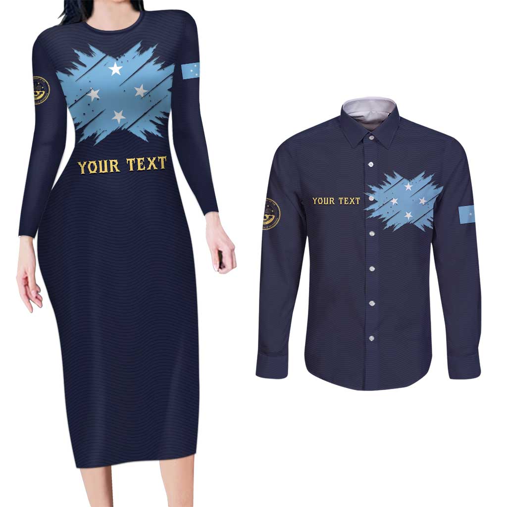 Personalised Federated States Of Micronesia Couples Matching Long Sleeve Bodycon Dress and Long Sleeve Button Shirt FSM Passport LT05 Navy - Polynesian Pride