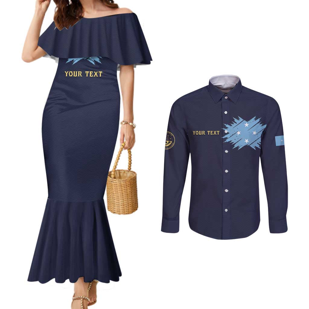 Personalised Federated States Of Micronesia Couples Matching Mermaid Dress and Long Sleeve Button Shirt FSM Passport LT05 Navy - Polynesian Pride
