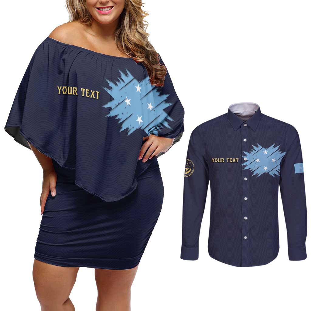 Personalised Federated States Of Micronesia Couples Matching Off Shoulder Short Dress and Long Sleeve Button Shirt FSM Passport - Polynesian Pride