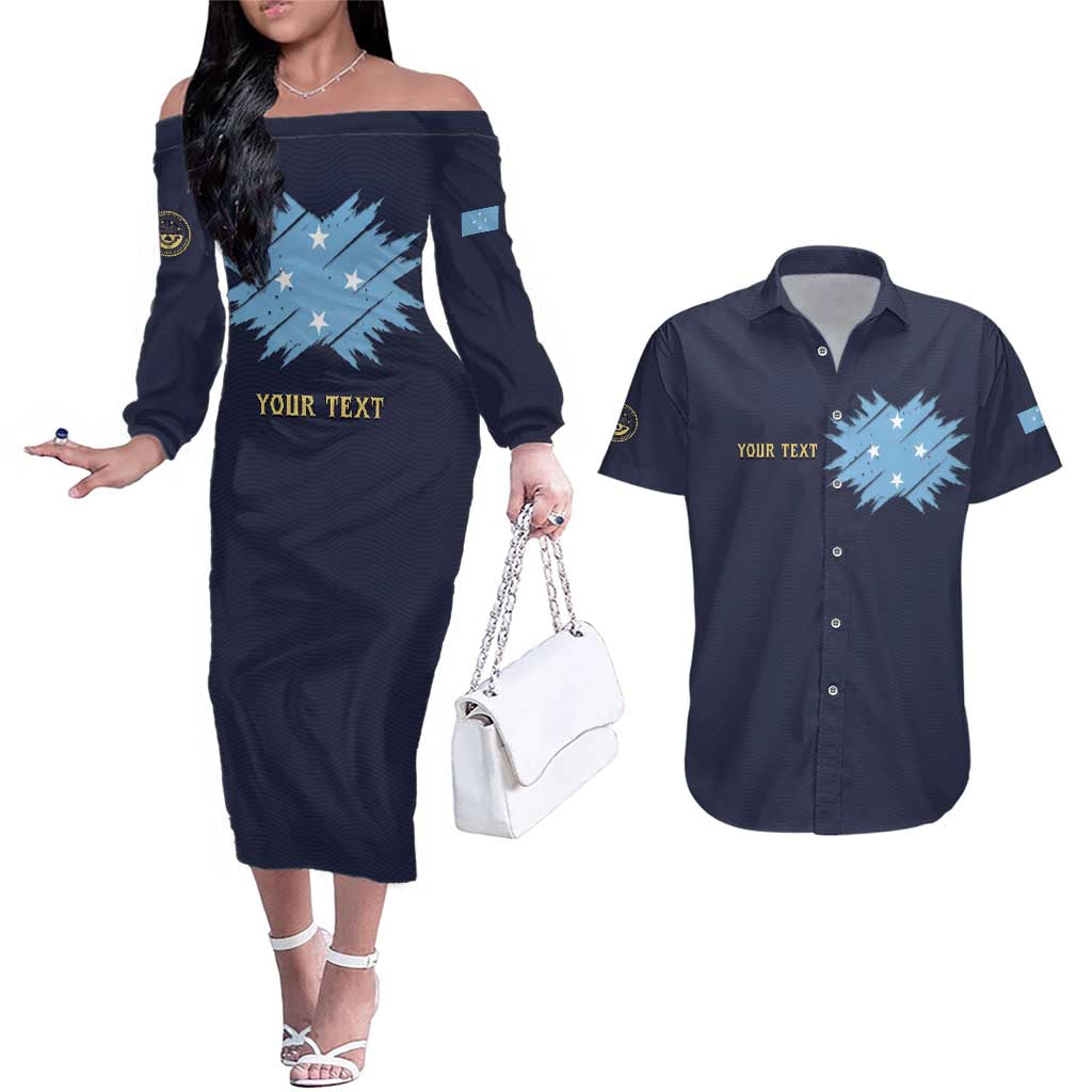Personalised Federated States Of Micronesia Couples Matching Off The Shoulder Long Sleeve Dress and Hawaiian Shirt FSM Passport - Polynesian Pride