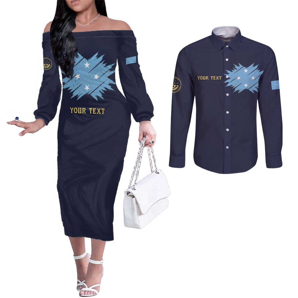 Personalised Federated States Of Micronesia Couples Matching Off The Shoulder Long Sleeve Dress and Long Sleeve Button Shirt FSM Passport LT05 Navy - Polynesian Pride