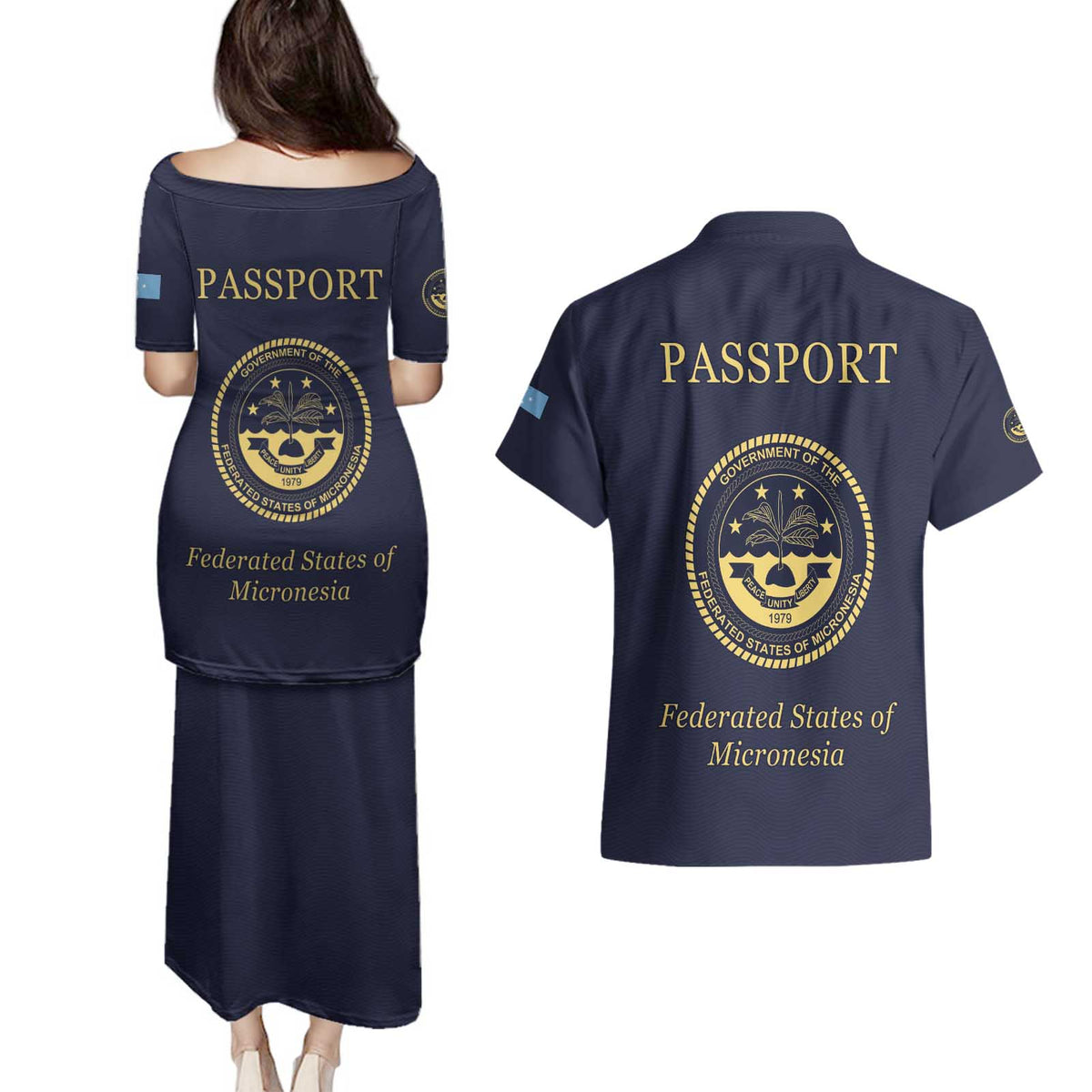 Personalised Federated States Of Micronesia Couples Matching Puletasi and Hawaiian Shirt FSM Passport LT05 - Polynesian Pride