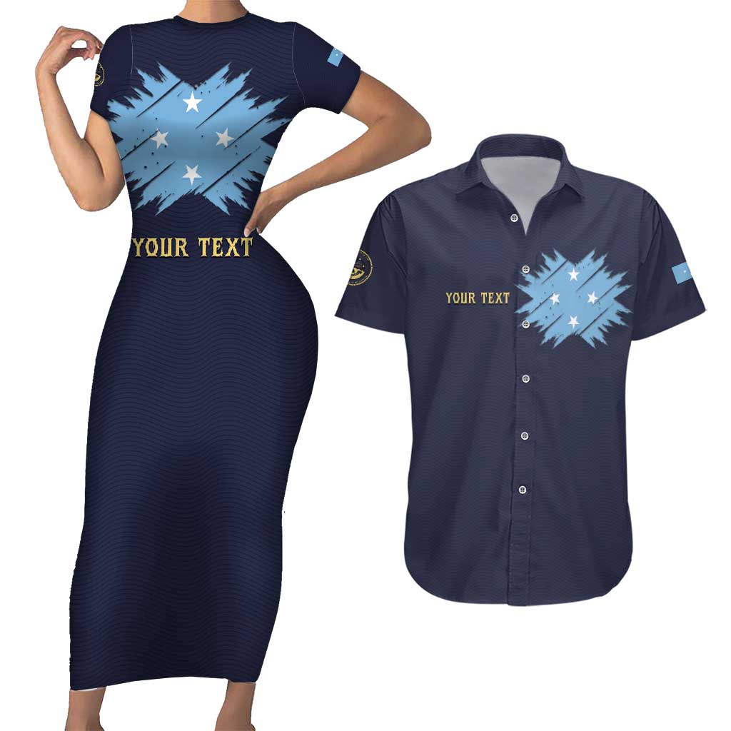 Personalised Federated States Of Micronesia Couples Matching Short Sleeve Bodycon Dress and Hawaiian Shirt FSM Passport LT05 Navy - Polynesian Pride