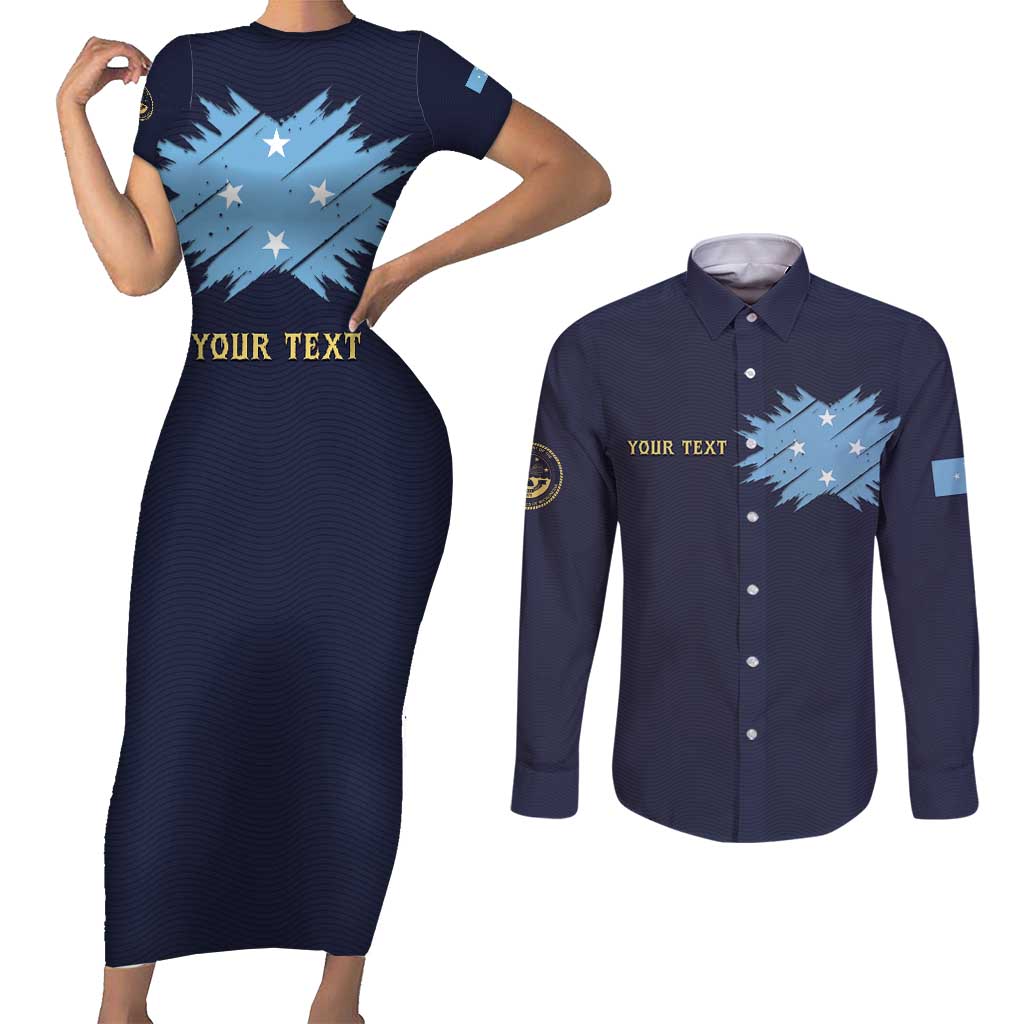 Personalised Federated States Of Micronesia Couples Matching Short Sleeve Bodycon Dress and Long Sleeve Button Shirt FSM Passport LT05 Navy - Polynesian Pride