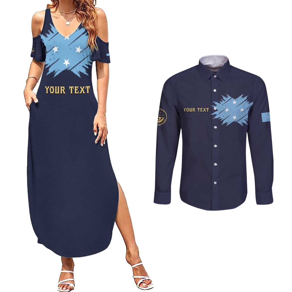 Personalised Federated States Of Micronesia Couples Matching Summer Maxi Dress and Long Sleeve Button Shirt FSM Passport LT05 Navy - Polynesian Pride