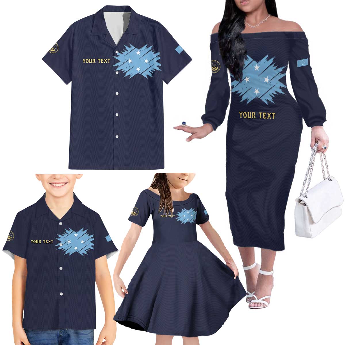 Personalised Federated States Of Micronesia Family Matching Off The Shoulder Long Sleeve Dress and Hawaiian Shirt FSM Passport LT05 - Polynesian Pride