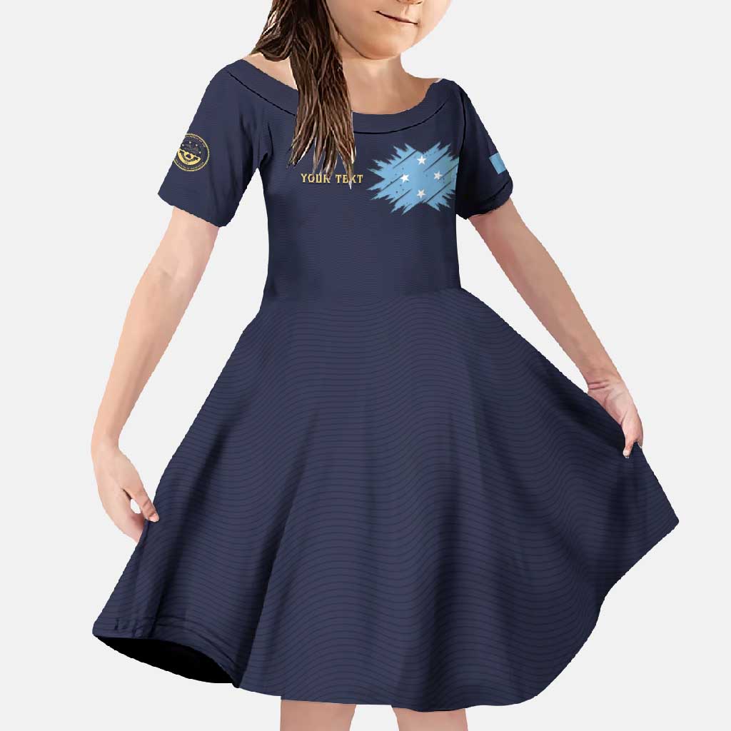 Personalised Federated States Of Micronesia Family Matching Off Shoulder Maxi Dress and Hawaiian Shirt FSM Passport LT05 Daughter's Dress Navy - Polynesian Pride