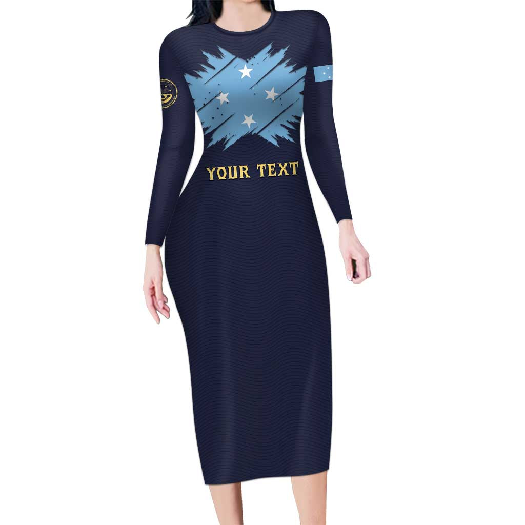 Personalised Federated States Of Micronesia Long Sleeve Bodycon Dress FSM Passport LT05 Long Dress Navy - Polynesian Pride