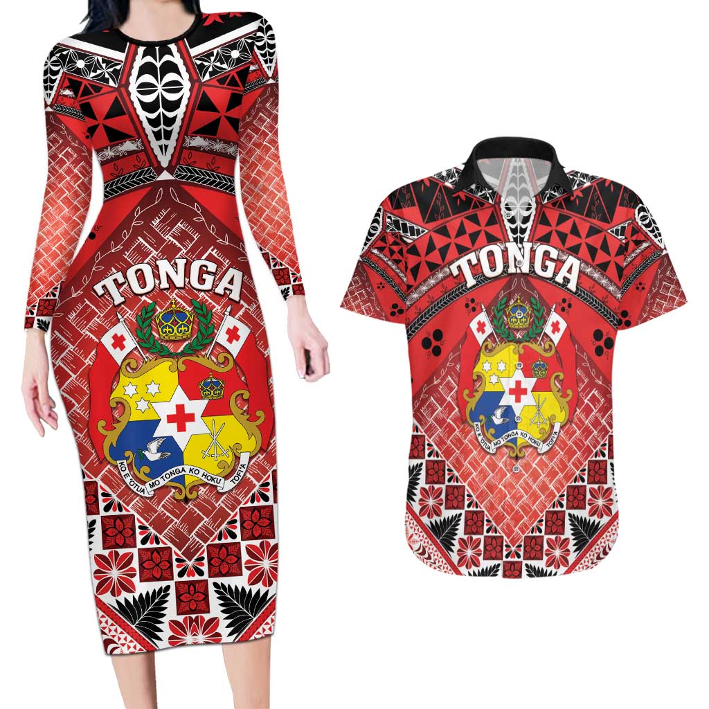 Personalised Tonga Constitution Day Couples Matching Long Sleeve Bodycon Dress and Hawaiian Shirt 150 Years Jubilee LT05 Red - Polynesian Pride