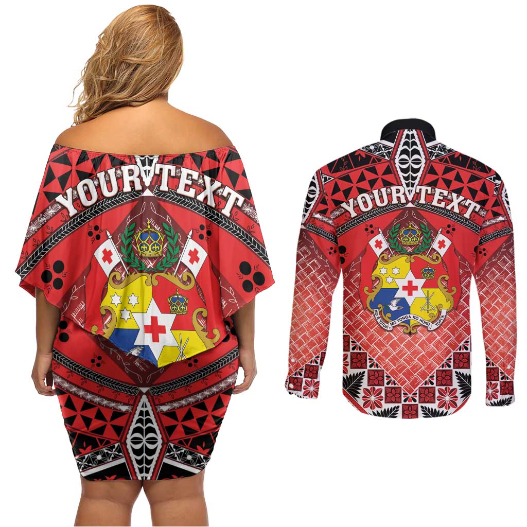Personalised Tonga Constitution Day Couples Matching Off Shoulder Short Dress and Long Sleeve Button Shirt 150 Years Jubilee - Polynesian Pride