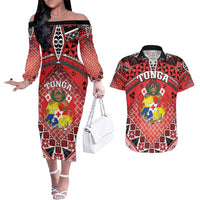 Personalised Tonga Constitution Day Couples Matching Off The Shoulder Long Sleeve Dress and Hawaiian Shirt 150 Years Jubilee LT05 Red - Polynesian Pride