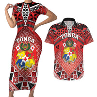 Personalised Tonga Constitution Day Couples Matching Short Sleeve Bodycon Dress and Hawaiian Shirt 150 Years Jubilee LT05 Red - Polynesian Pride